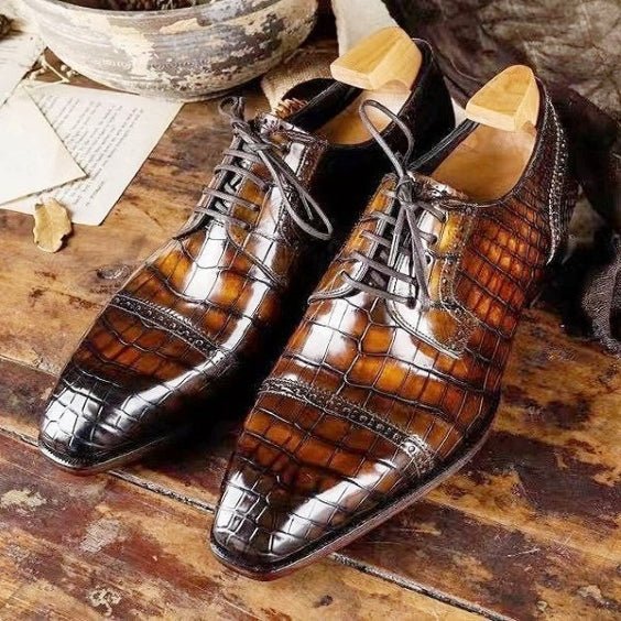 Men's Brown Patina Alligator Leather Oxford Shoes - LEATHERSHOE