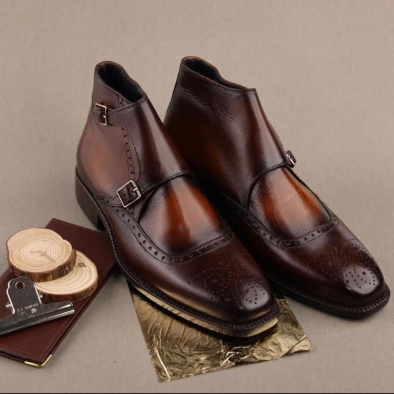 Men's Brown Patina Leather Double Monk Dress Boots - LEATHERSHOE