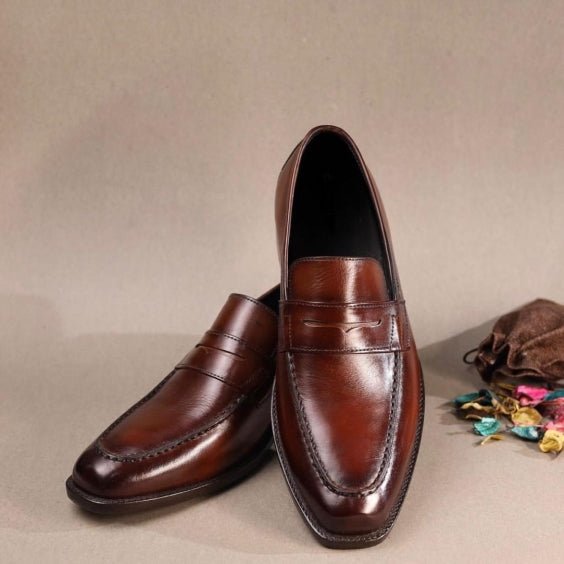 Men's Brown Patina Leather Penny Loafers - LEATHERSHOE