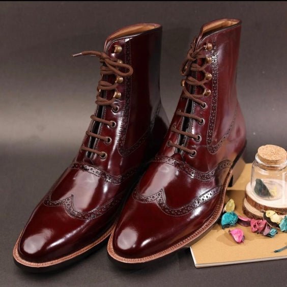 Men's Brown Patina Leather Wingtip Ankle High Boots - LEATHERSHOE