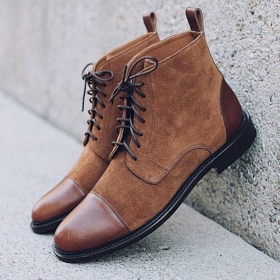 Men's Brown Suede Leather Ankle High Boots - LEATHERSHOE