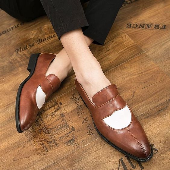 Men's Brown & White Leather Penny Loafers - LEATHERSHOE