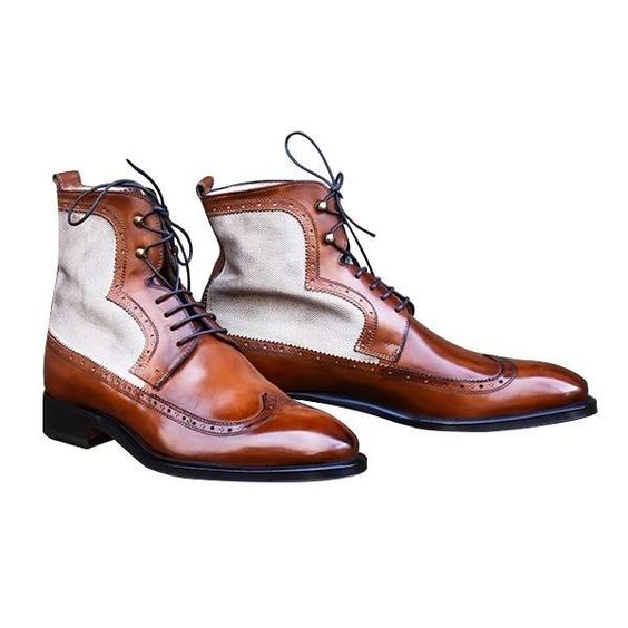 Men's Brown & White Suede Leather Ankle High Boots - LEATHERSHOE