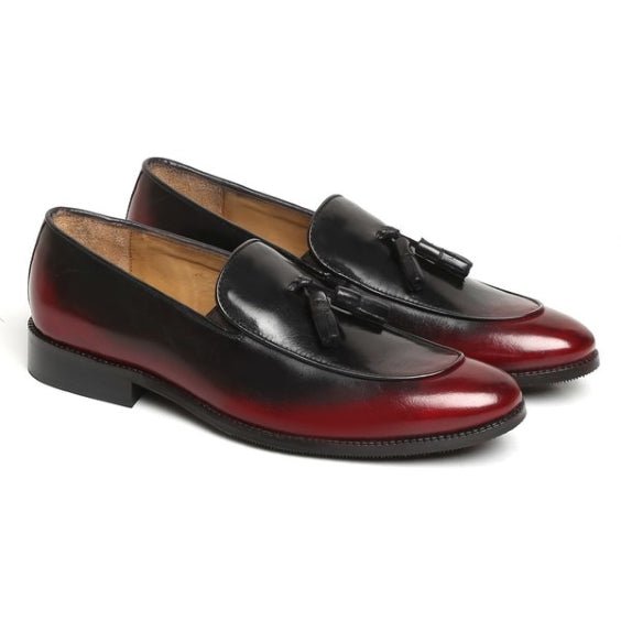 Men's Burgundy Hand Painted Leather Tassel Loafers - LEATHERSHOE