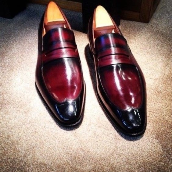 Men's Burgundy Patina Leather Penny Loafers - LEATHERSHOE