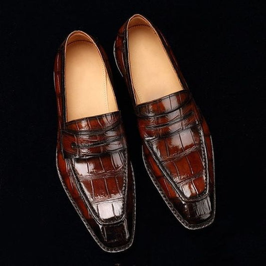 Men's Dark Brown Alligator Leather Moccasin Loafers - LEATHERSHOE