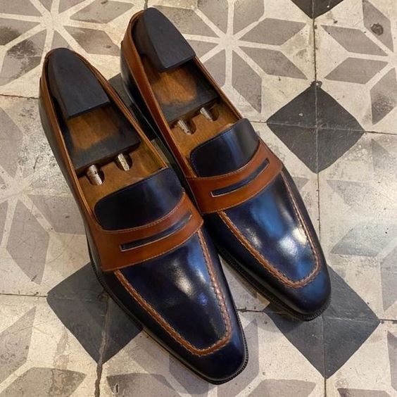 Men's Dual Tone Black & Brown Leather Penny Loafers - LEATHERSHOE