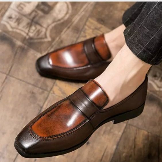 Men's Dual Tone Brown Patina Leather Penny Loafers - LEATHERSHOE