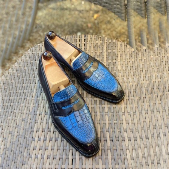 Men's Genuine Black & Blue Leather Penny Loafers - LEATHERSHOE