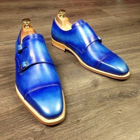 Men's Genuine Blue Leather Double Monk Shoes - LEATHERSHOE