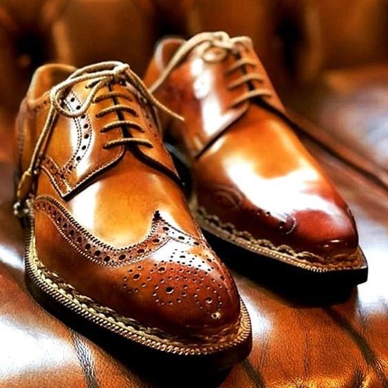 Men's Genuine Tan Leather Wingtip Oxford Shoes - LEATHERSHOE