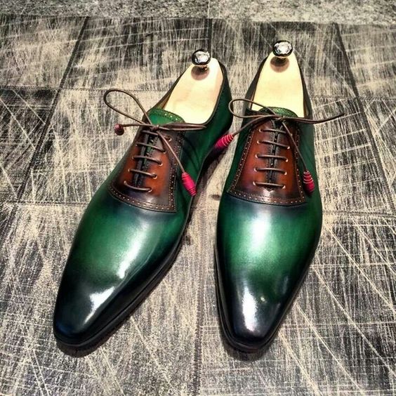 Men's Green & Brown Patina Leather Oxford Shoes - LEATHERSHOE