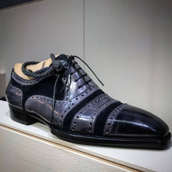 Men's Grey & Black Cap Toe Oxfords - LEATHERSHOE