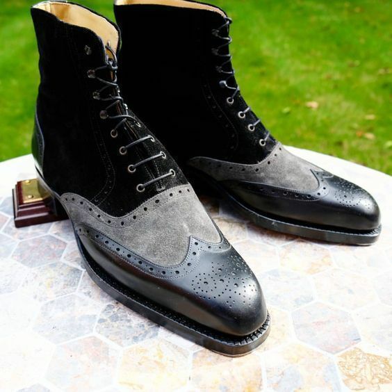 Men's Grey & Black Suede Leather Wingtip Boots - LEATHERSHOE