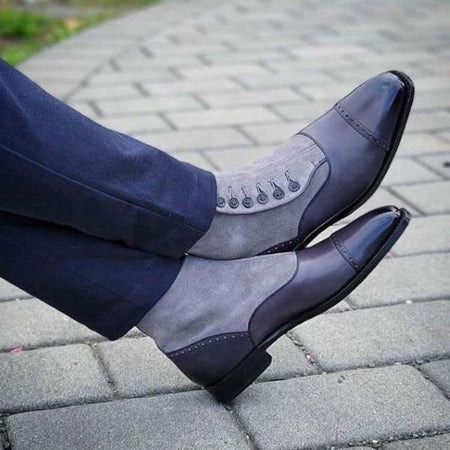 Men's Grey Patina Leather & Suede Button Boots - LEATHERSHOE