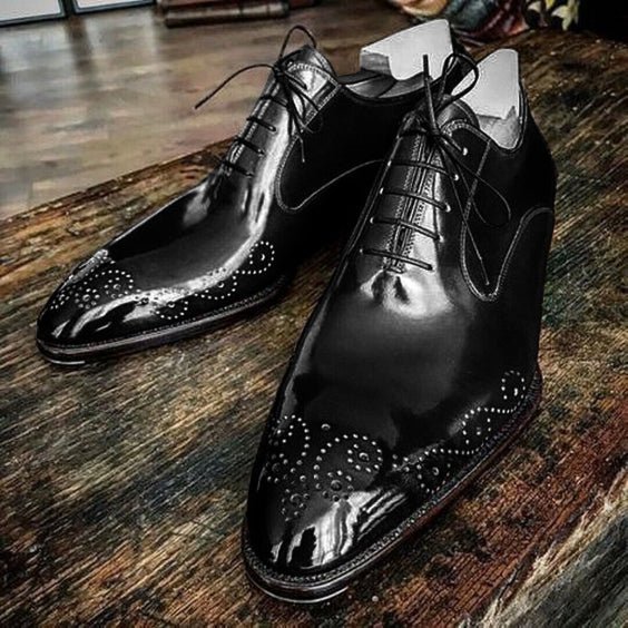 Men's Handmade Black Leather Medallion Toe Shoes - LEATHERSHOE