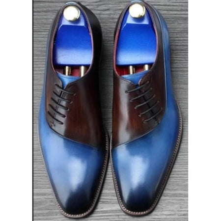Men's Handmade Blue & Brown Patina Leather Lace Up Shoes - LEATHERSHOE