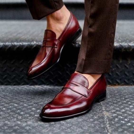 Men's Handmade Ox - Blood Patina Leather Penny Loafers - LEATHERSHOE