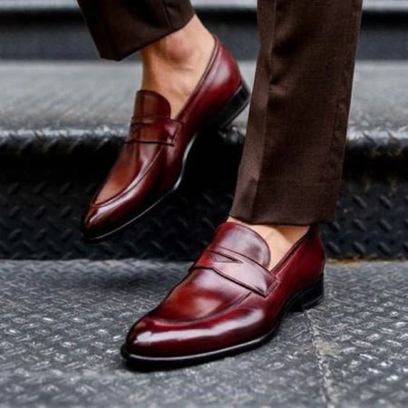 Men's Handmade Ox Blood Patina Leather Penny Loafers