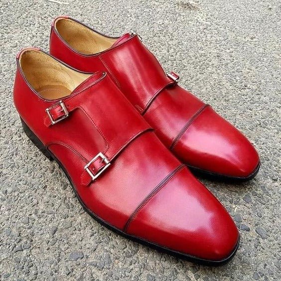Men's Luxury Red Leather Double Monk Formal Shoes - LEATHERSHOE