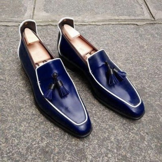 Men's Navy Blue Leather Tasseled Moccasin Loafers - LEATHERSHOE