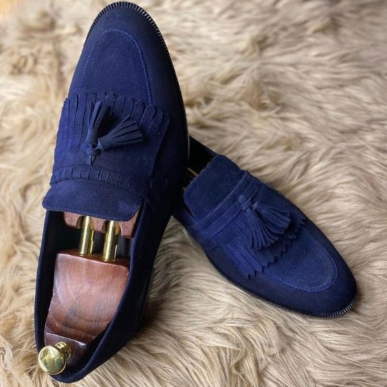 Men's Navy Blue Suede Fringed Tassel Loafers - LEATHERSHOE