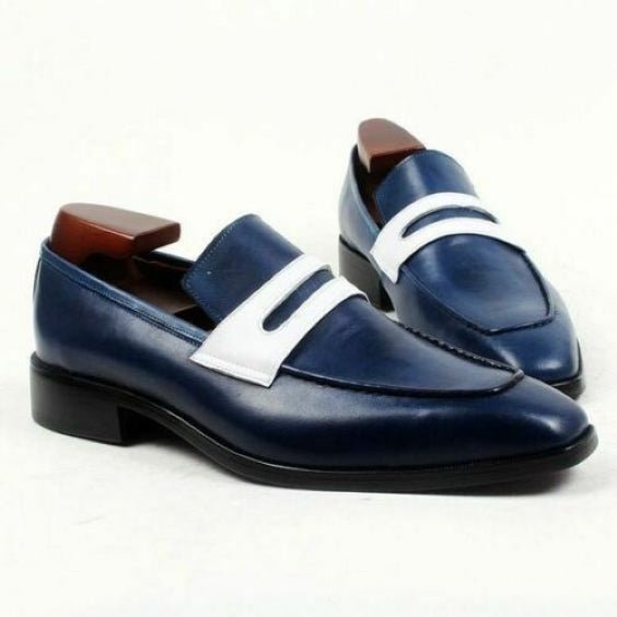 Men's Navy Blue & White Leather Penny Loafers - LEATHERSHOE