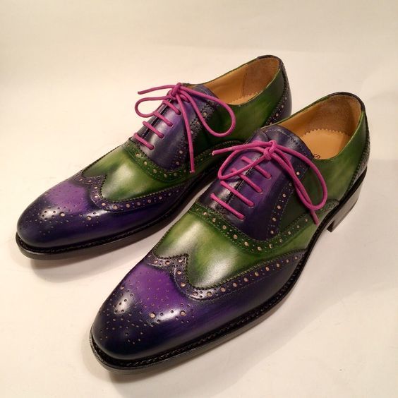 Men's Purple & Green Patina Leather Wingtip Oxford Brogue Shoes - LEATHERSHOE