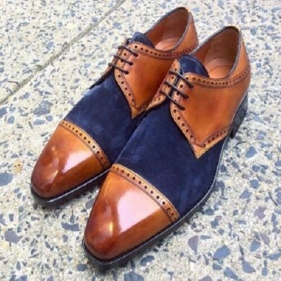 Men's Tan Brown & Blue Suede Leather Oxford Shoes - LEATHERSHOE