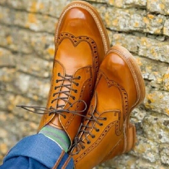 Men's Tan Brown Leather Wingtip Ankle High Boots - LEATHERSHOE