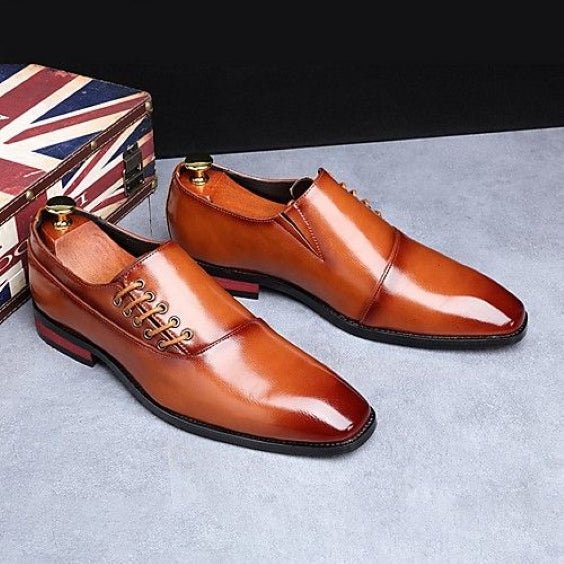 Men's Tan Brown Patina Leather Dress Shoes - LEATHERSHOE
