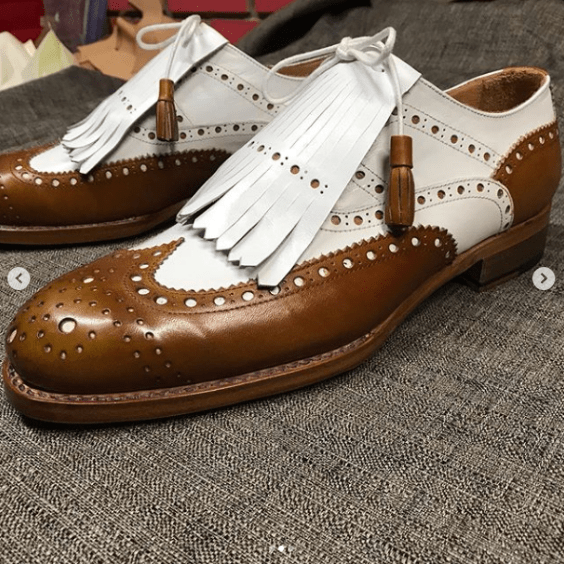 Men's Tan Brown & White Leather Fringed Wingtip Shoes - LEATHERSHOE