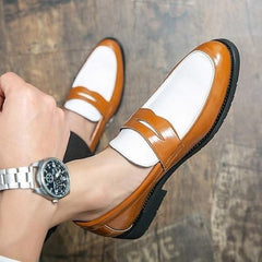 Men's Tan Brown & White Leather Penny Loafers - LEATHERSHOE