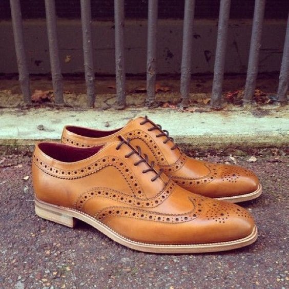 Men's Tan Leather Wingtip Brogue Oxford Shoes - LEATHERSHOE