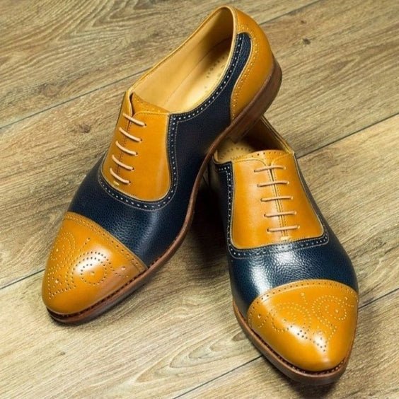 Men's Tan & Navy Blue Leather Brogue Cap Toe Oxford Shoes - LEATHERSHOE