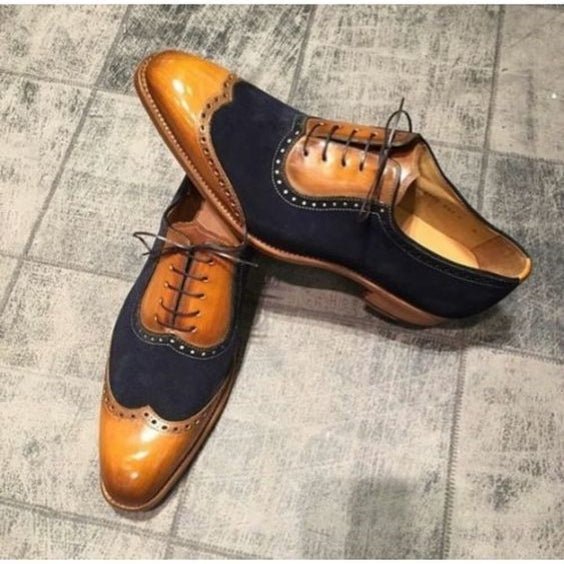 Men's Tan & Navy Blue Suede Leather Wingtip Shoes - LEATHERSHOE