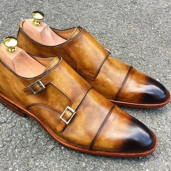 Men's Tan Patina Leather Double Monk Formal Shoes - LEATHERSHOE