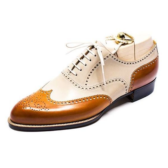 Men's Tan & White Leather Wingtip Dress Shoes - LEATHERSHOE