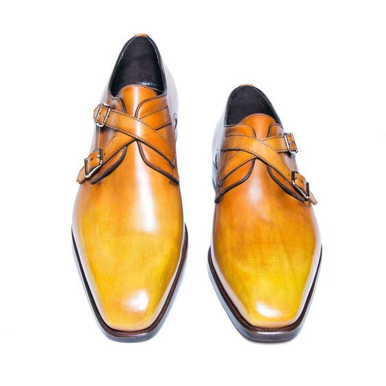 Men's Tan Yellow Patina Leather Cross Monk Shoes - LEATHERSHOE
