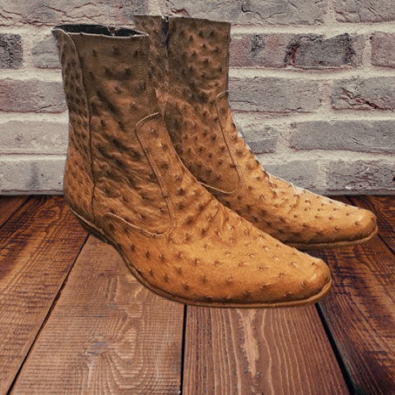 Men's Tan Zipper Closure Ostrich Leather Boots - LEATHERSHOE