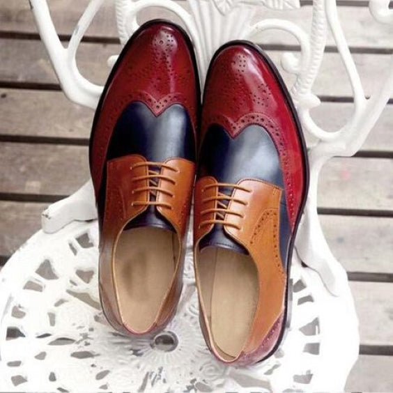 Men's Tri Tone Genuine Leather Wingtip Oxford Shoes - LEATHERSHOE