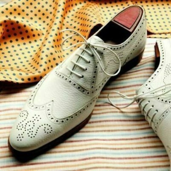 Men's White Genuine Leather Wingtip Oxford Shoes - LEATHERSHOE