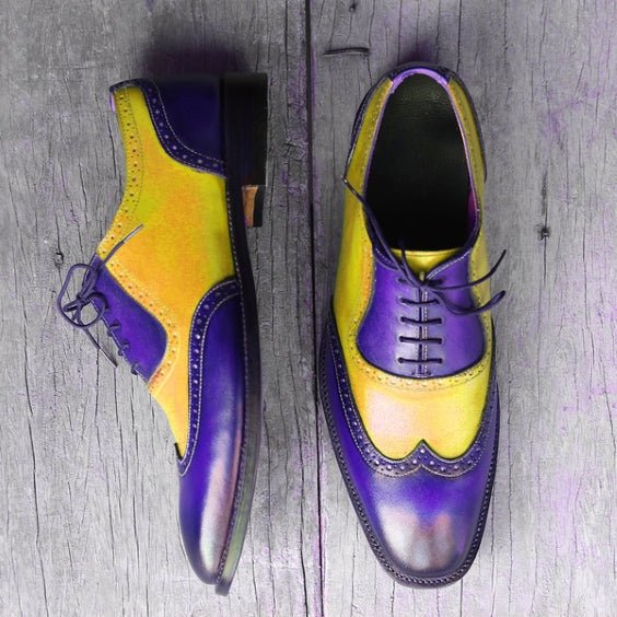 Men's Yellow & Blue Leather Wingtip Oxford Shoes - LEATHERSHOE