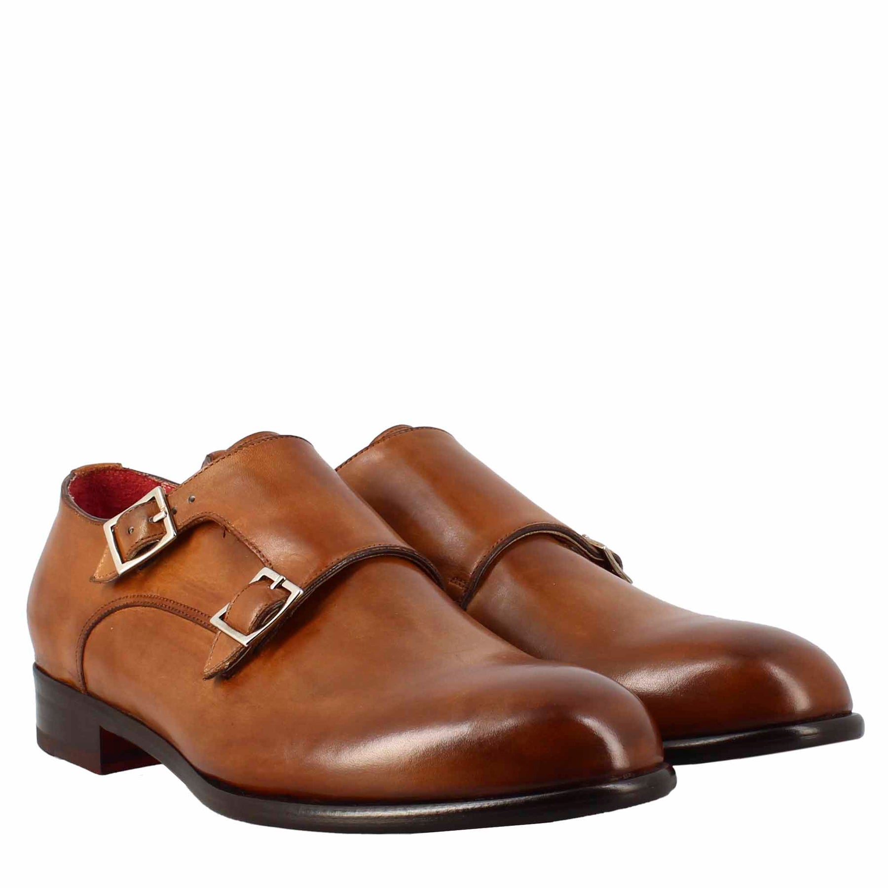 Men's double buckle shoe in sienna brown leather