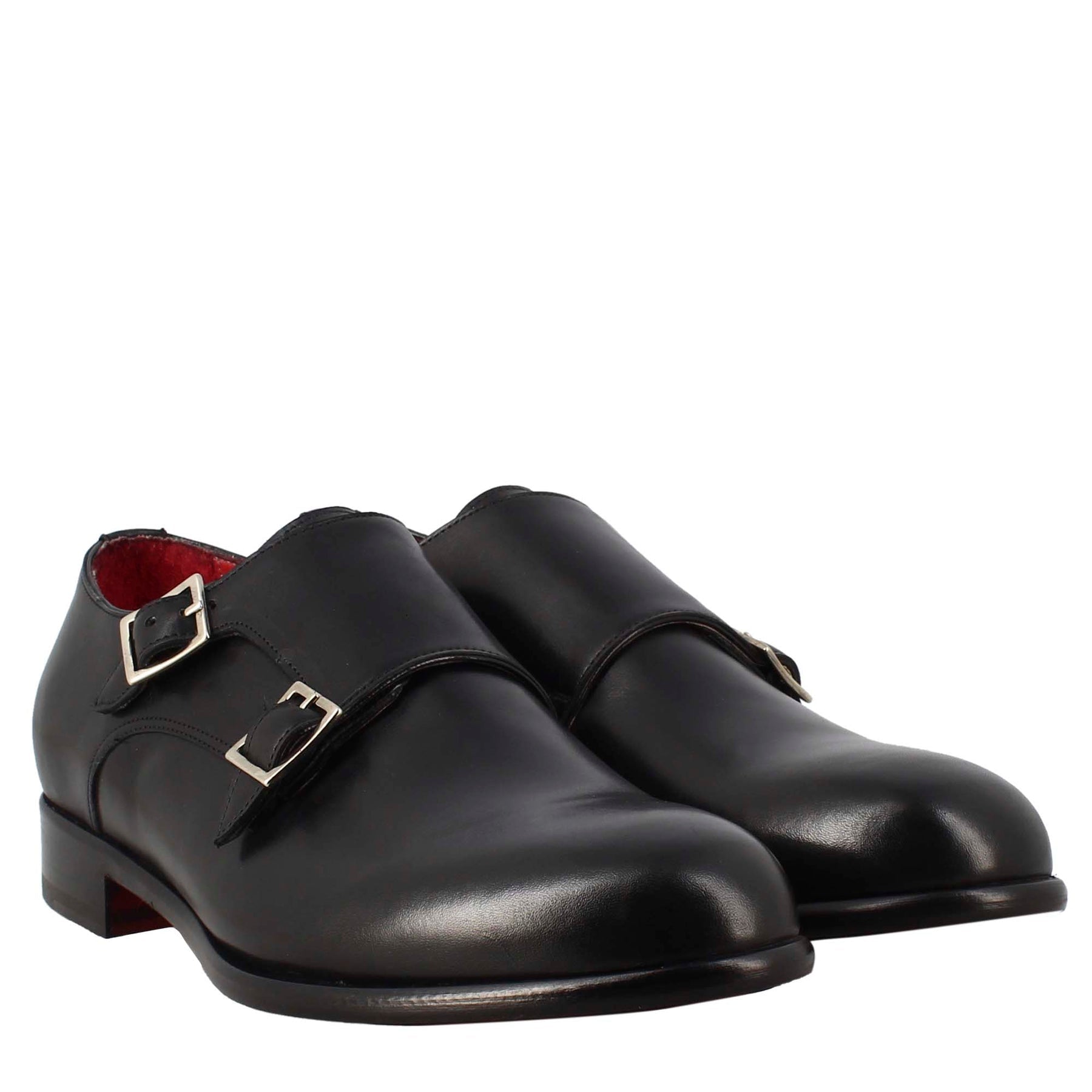 Men's double buckle shoe in black leather