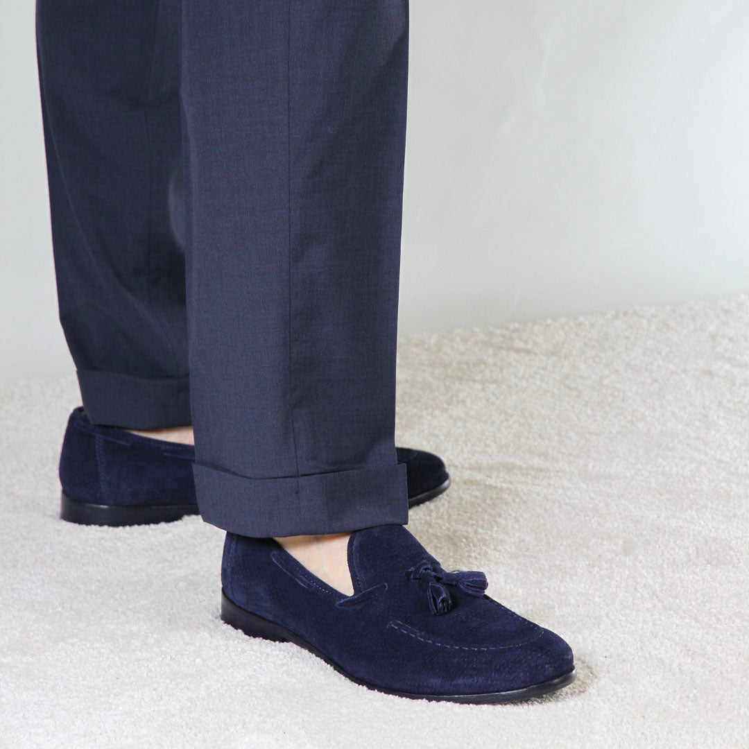 Handmade suede moccasin with blue tassels