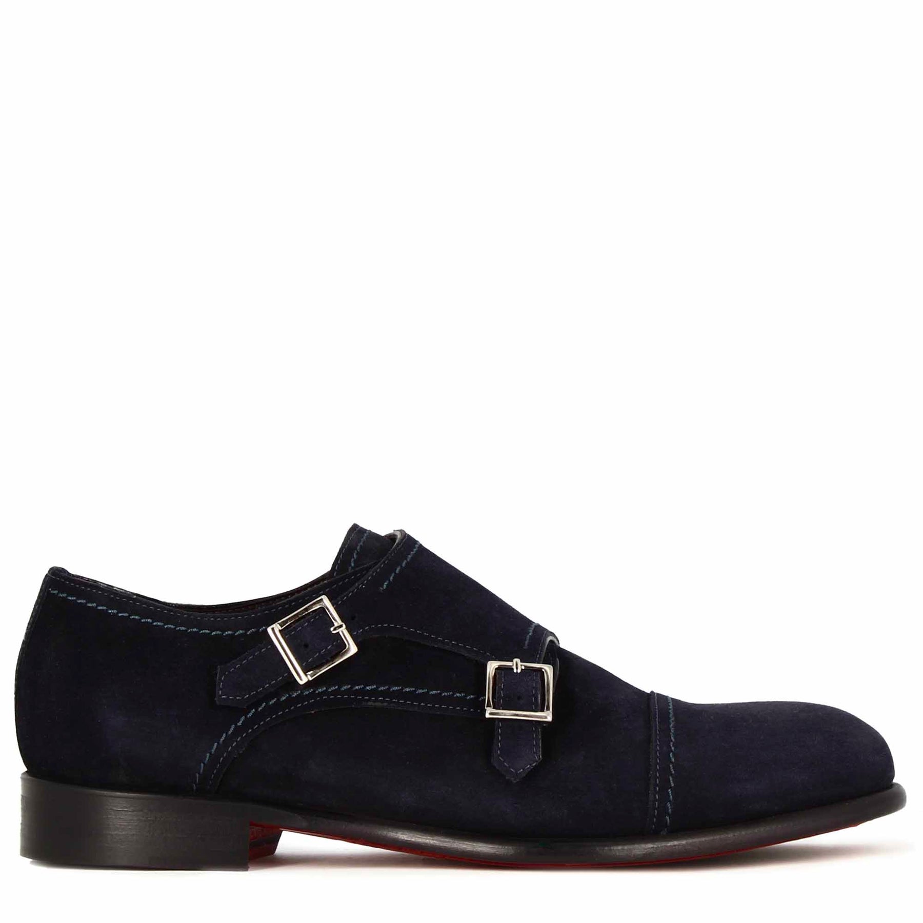 Double buckle men's shoe in blue suede