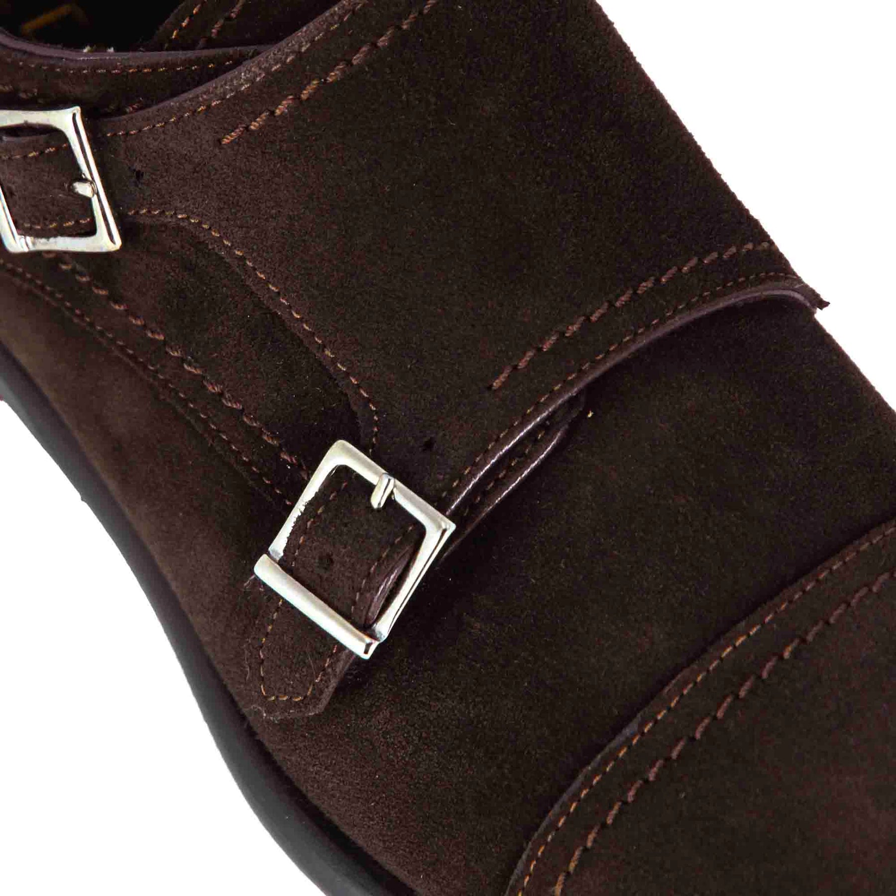 Men's double buckle shoe in dark brown suede