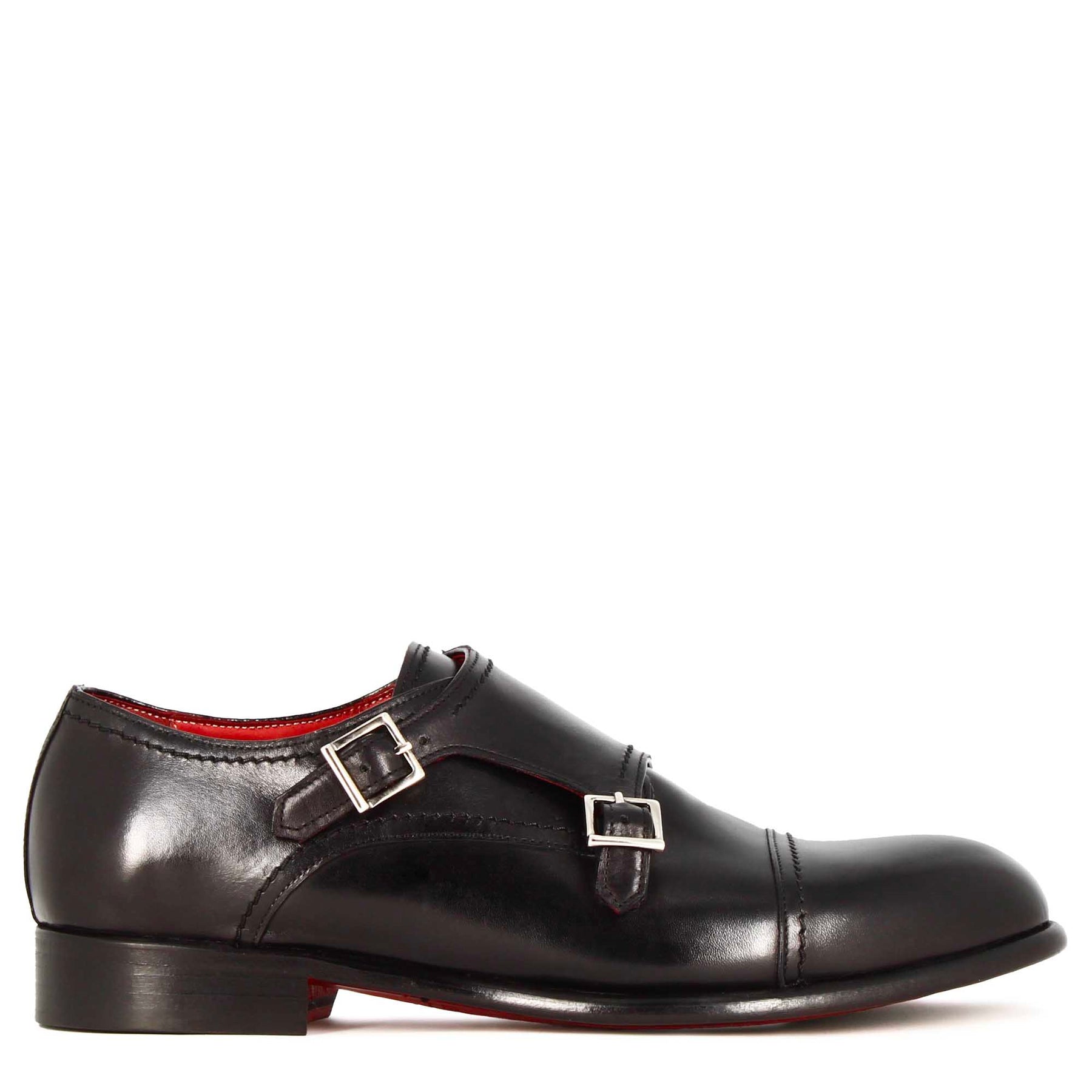 Men's double buckle shoe in black leather