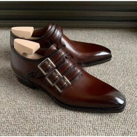 Men's Dark Brown Patina Leather Triple Monk Shoes